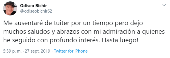 El 27 de septiembre pasado, el actor compartió un mensaje en Twitter donde anunciaba que se ausentaría “por un tiempo” y no dio detalles del por qué tomó esta decisión.