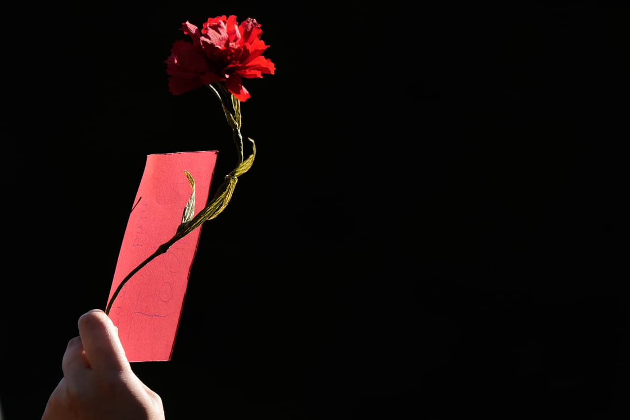 Una persona alza un clavel durante una protesta para exigir viviendas asequibles en Lisboa, Portugal, el sábado 24 de octubre de 2026.