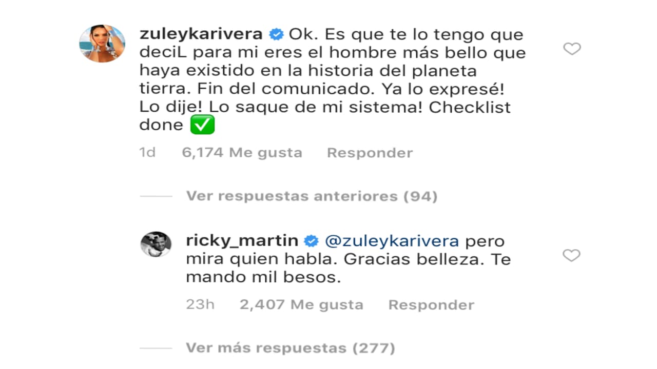 Pero lo mejor vino cuando el intérprete de 'Pégate', nominado en tres categorías de la pasada 
<b><a href="https://www.univision.com/shows/premio-lo-nuestro" target="_blank">entrega de Premio Lo Nuestro</a></b>, le contestó a la modelo: "Pero mira quién habla. Gracias belleza. Te mando mil besos".
