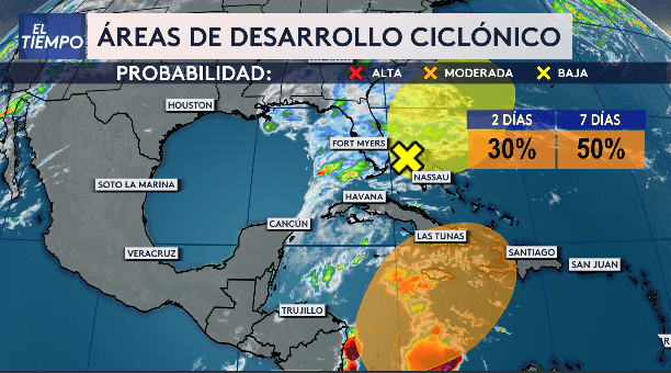 Uno se encuentra en el Mar Caribe y tiene una posibilidad de desarrollo moderado de un 50% en los próximos 7 días y de un 30% en los próximos dos días de formarse una tormenta o depresión tropical. Independientemente si se forma o no, estaría trayendo lluvia intensa al Caribe, incluyendo sectores como Cuba, Haití, Jamaica, República Dominicana y las Islas Turks y Caicos. Luego seguirá su trayectoria hacia aguas abiertas del Atlántico, así que no es peligro para la Florida.