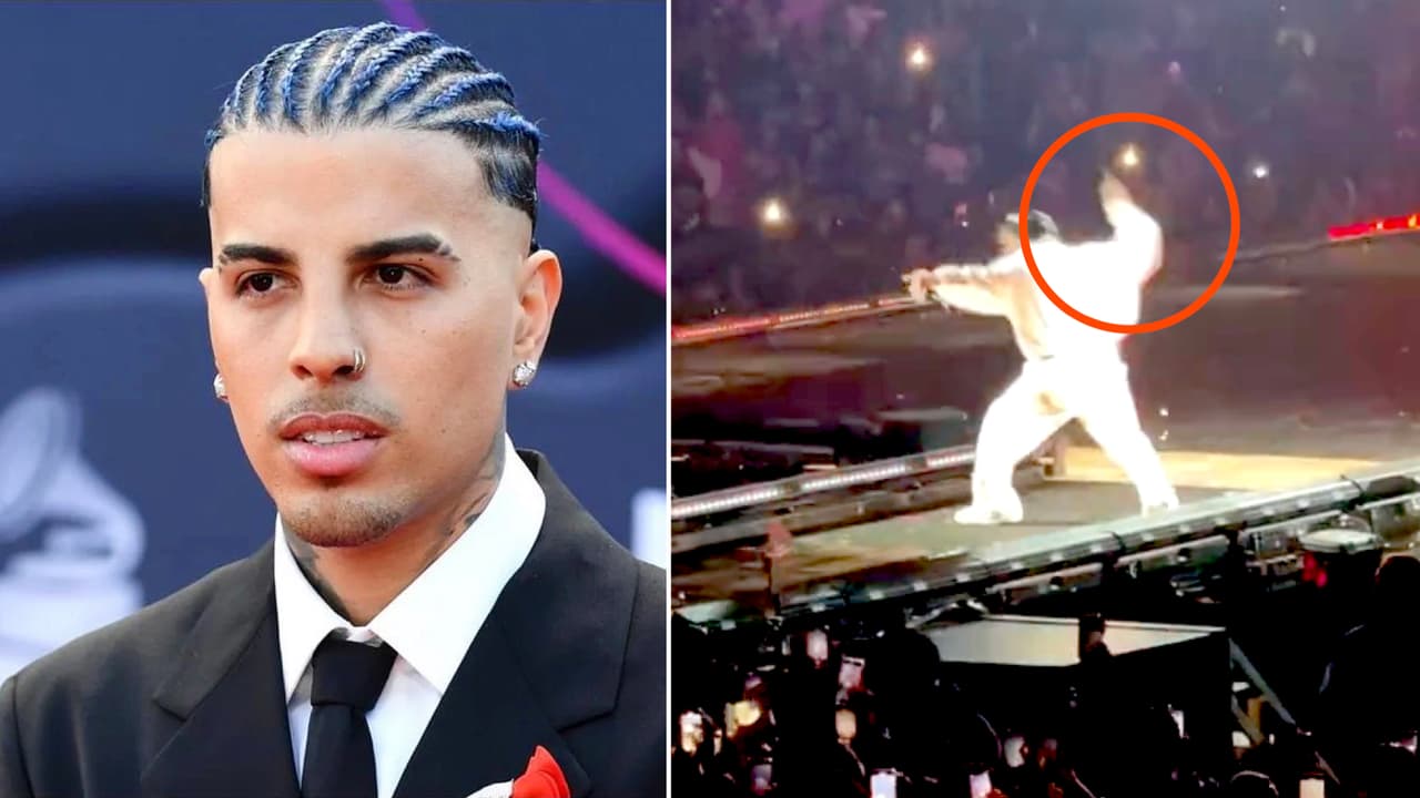 El momento en que golpean a Rauw Alejandro en la cabeza en pleno concierto: así reaccionó a la lesión