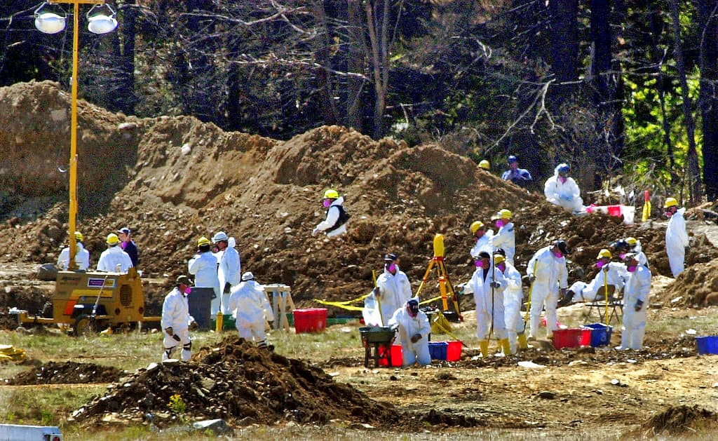 En el avión viajaban siete tripulantes y 33 pasajeros, menos de la mitad de su capacidad máxima. Los secuestradores habían abordado el avión con cuchillos y cortadores de cajas.
<br>
<br>Investigadores del FBI examinan el lugar donde se estrelló el vuelo 93 en Shanksville, Pennsylvania, el 16 de septiembre de 2001.