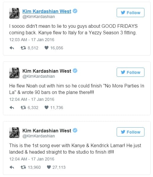 A través de las redes sociales Kim explicó que todo se debió a que ese día Kanye había volado a Italia, y hasta dejó claro que no quería mentirle a nadie.