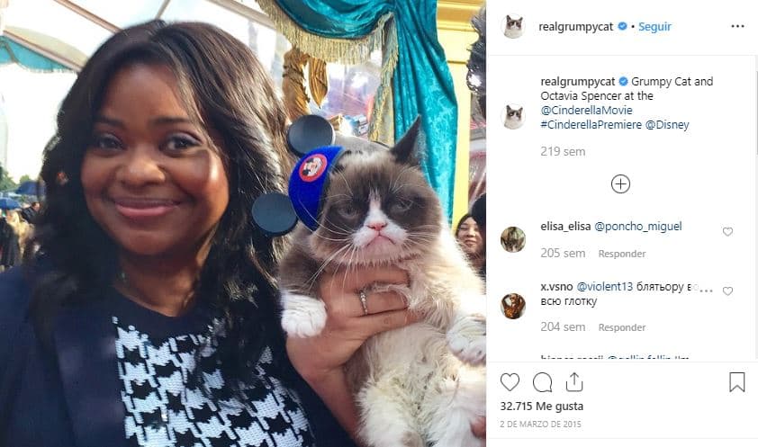 Durante la premier de 'Cinderella', 
<b><a href="https://www.instagram.com/p/zvgp5Xk1Dw/">Octavia Spencer</a></b> estuvo acompañada por Gumpy Cat.