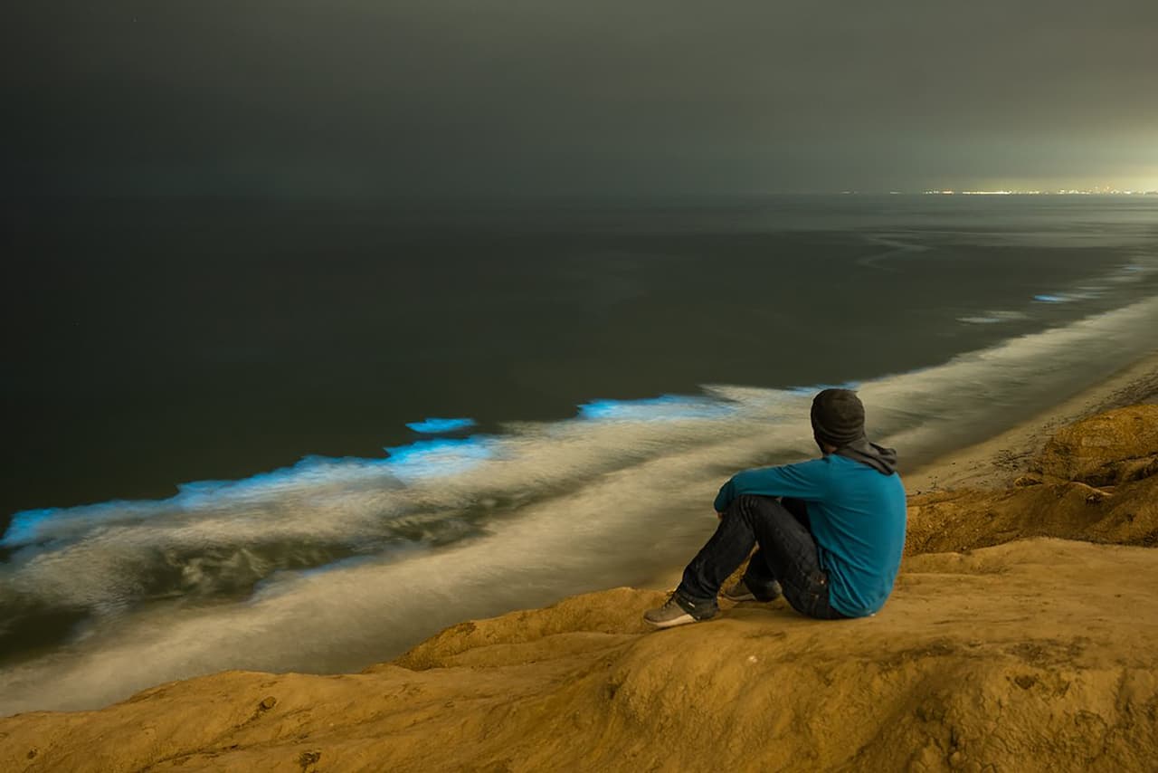 El manto de algas que ha permanecido frente a las playas de San Diego, California, está repleto de fitoplancton biofluorescente, unos microorganismos que producen luz al ser movidos por el oleaje.