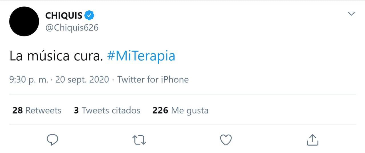 Luego vino
<b><a href="https://twitter.com/Chiquis626/status/1307869813977489409" target="_blank"> un tercero</a></b> que describió lo que aparentemente sucedía: "La música cura. Mi terapia". 
<br>