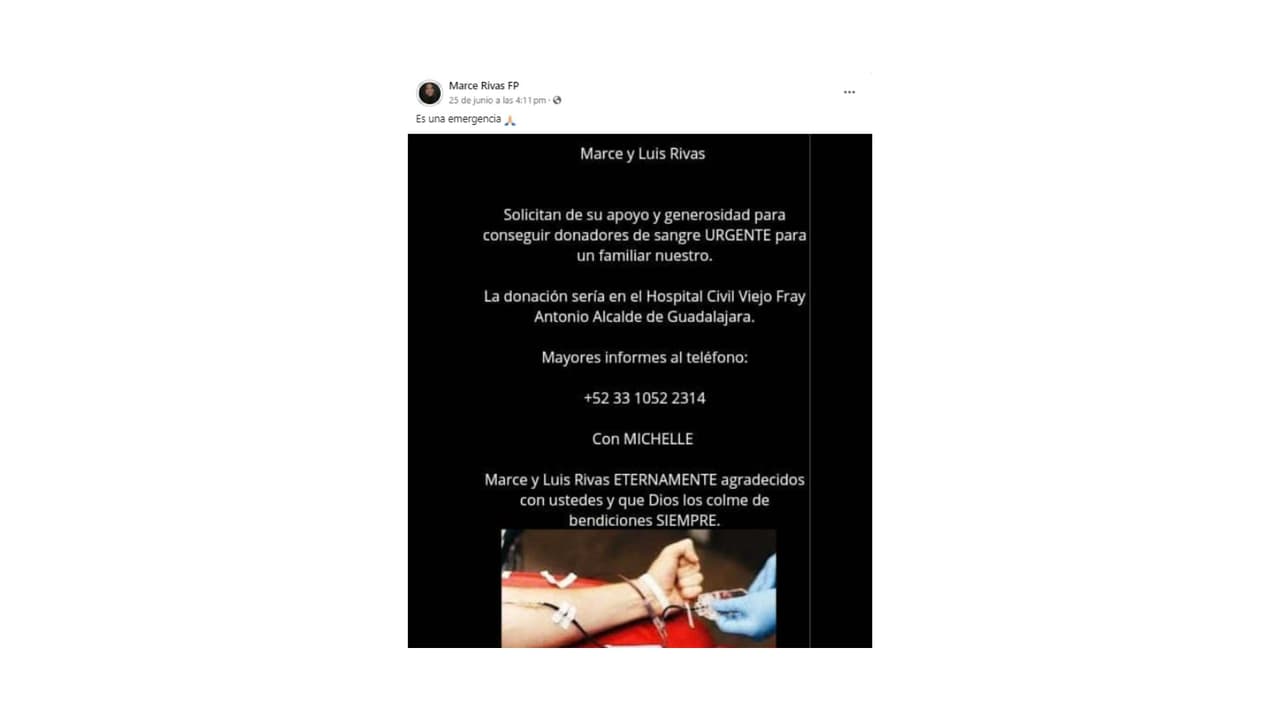 Familia de Laura Rivas solicitó donadores de sangre de manera "urgente" para un familiar