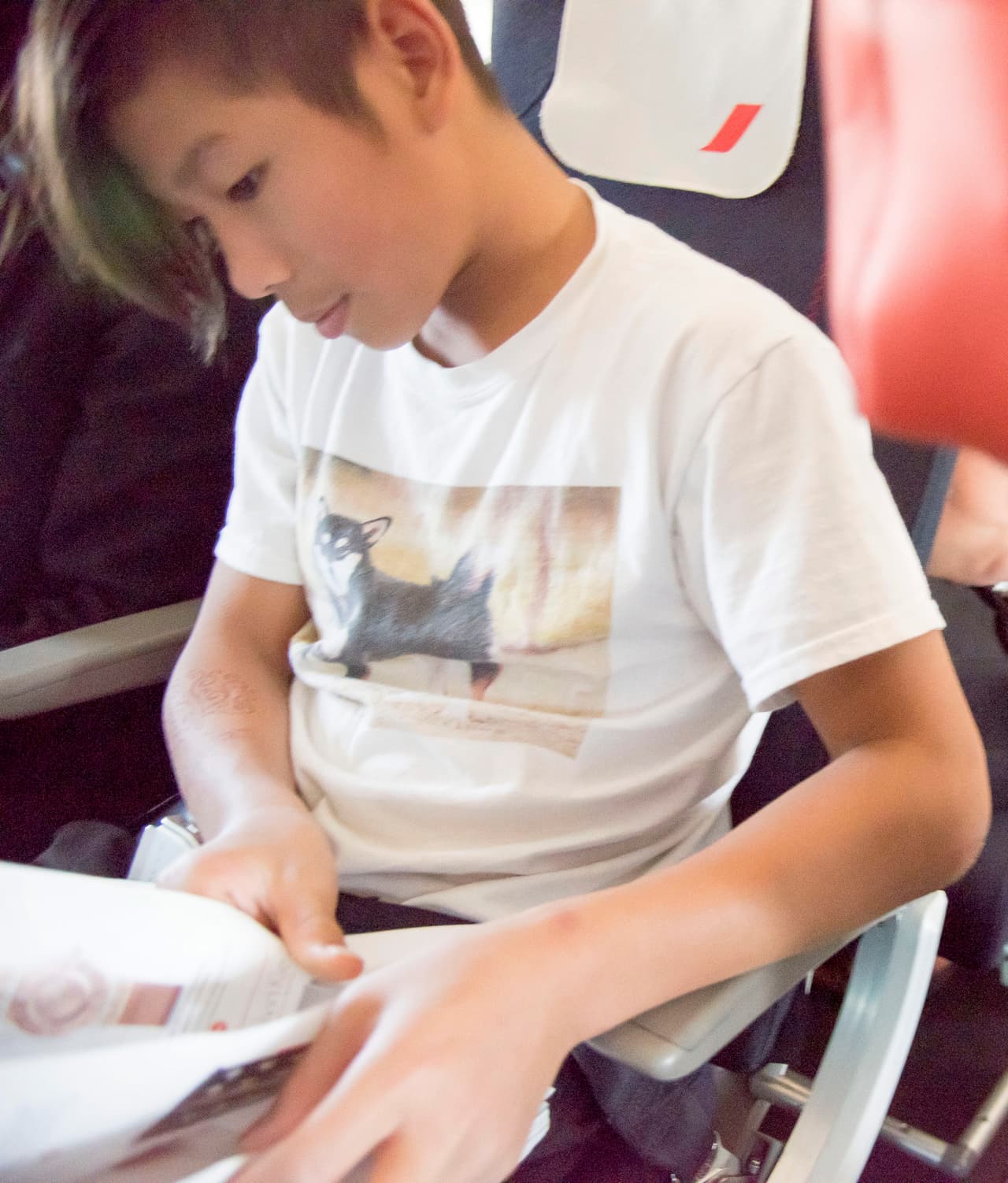 Captaron a Pax muy atento a las revistas del avión.