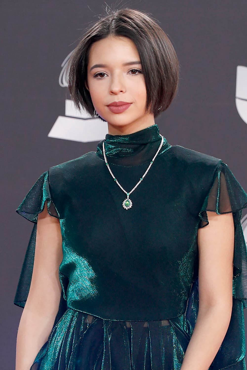 El vestido del diseador mexicano Alfredo Martínez tenía cuello alto, escote profundo en la espalda y mangas cortas con vuelo. Acompañó con un delicado collar en juego de Pepe Dávalos.