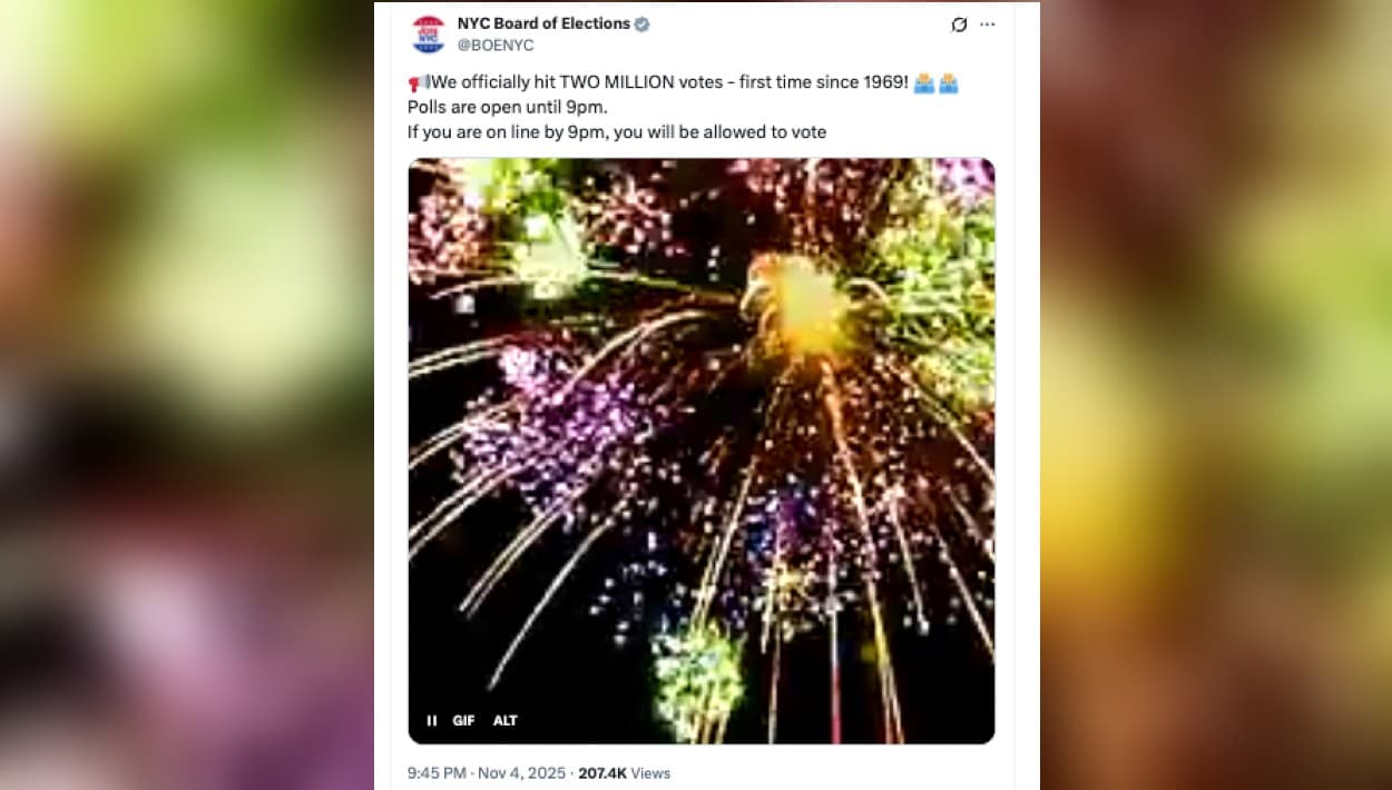 <b>Faltando 15 minutos</b> para el cierre de los colegios de votación, la Junta Electoral de la Ciudad de Nueva York celebró este martes, 4 de noviembre, que 
<b>2 millones de electores</b> ya habían emitido su voto para elegir al nuevo alcalde. Una cifra similar no se registraba desde el 1969.