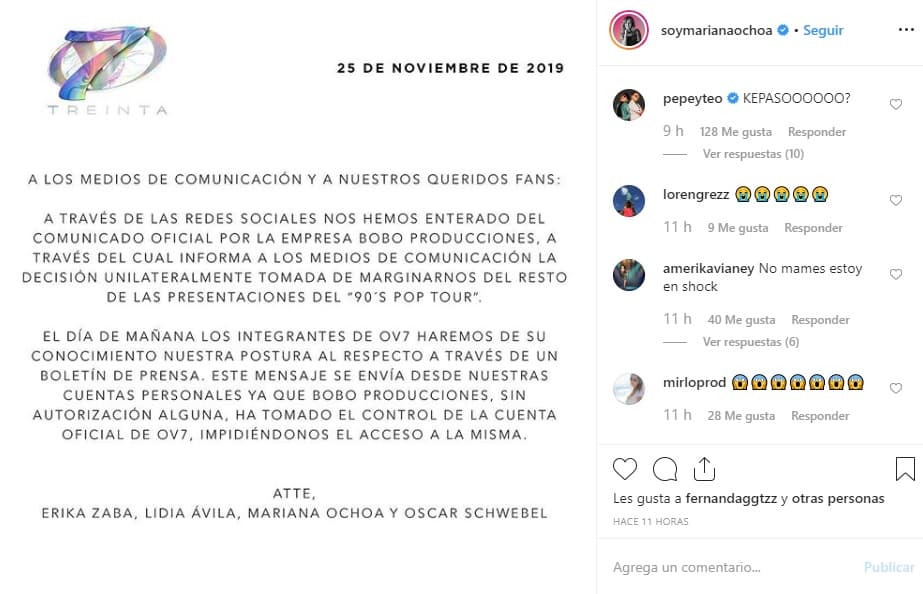 "A través de las redes sociales nos hemos enterado del comunicado oficial por la empresa BOBO Producciones, a través del cual informa a los medios de comunicación la 
<b>decisión unilateralmente tomada de marginarnos</b> del resto de las presentaciones del 90s Pop Tour", publicaron.