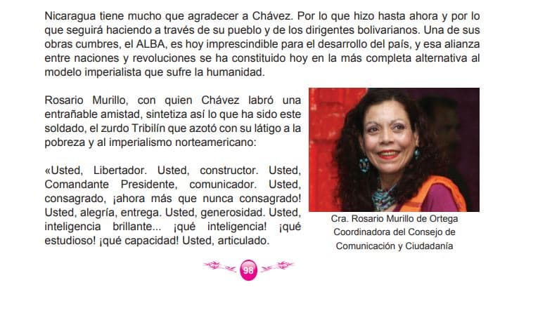 La vicepresidenta Rosario Murillo le escribe al exgobernante venezolano, Hugo Chávez, en las páginas 98 y 99 de octavo grado de Estudios Sociales.
<br>