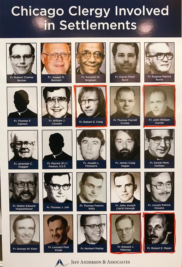 Imágenes de retratos de acusados de abuso, mapas, nombres y la cifra de los gastos de la Arquidiócesis.