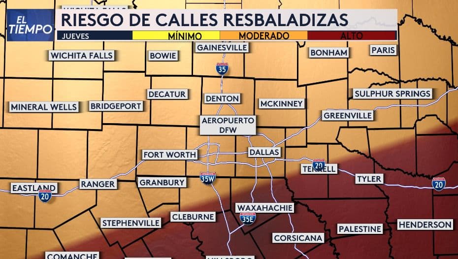 Las condiciones derivadas del paso de esta tormenta invernal por nuestra región representan 
<b>un gran riesgo para los conductores, debido a las vías resbaladizas.</b> En este mapa, puedes ver cómo el riesgo varía de moderado a alto en prácticamente todo el norte de Texas.