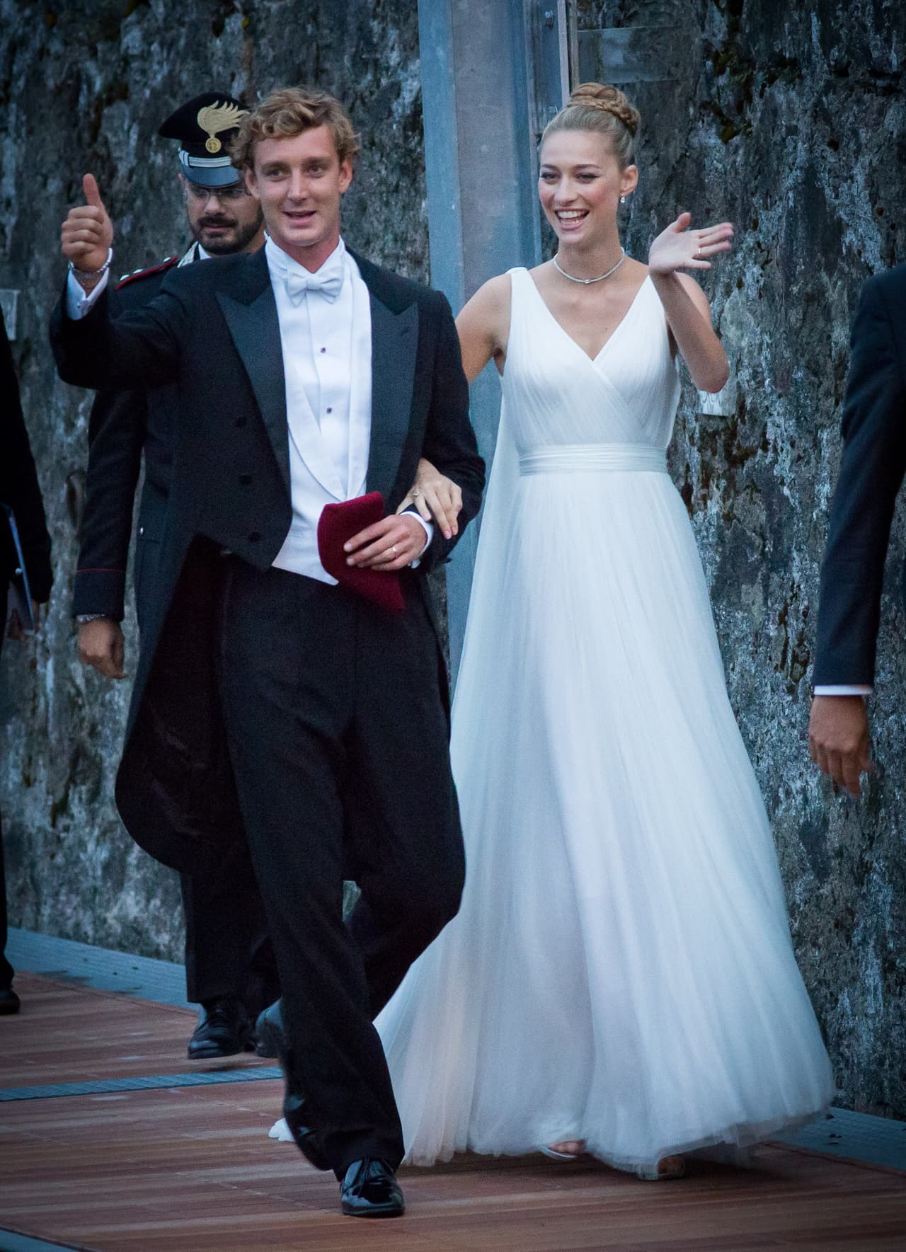 <b>2015 - Beatrice Borromeo and Pierre Casiraghi</b>
<br>For the 
<a href="http://www.vogue.mx/novias/articulos/boda-pierre-casiraghi-y-beatrice-borromeo/5375">reception after</a> the church wedding, the wealthy Italian wore a diaphanous Greek-style gown, snug at the waist and with a V-neck, made of marble-color silk tulle.
