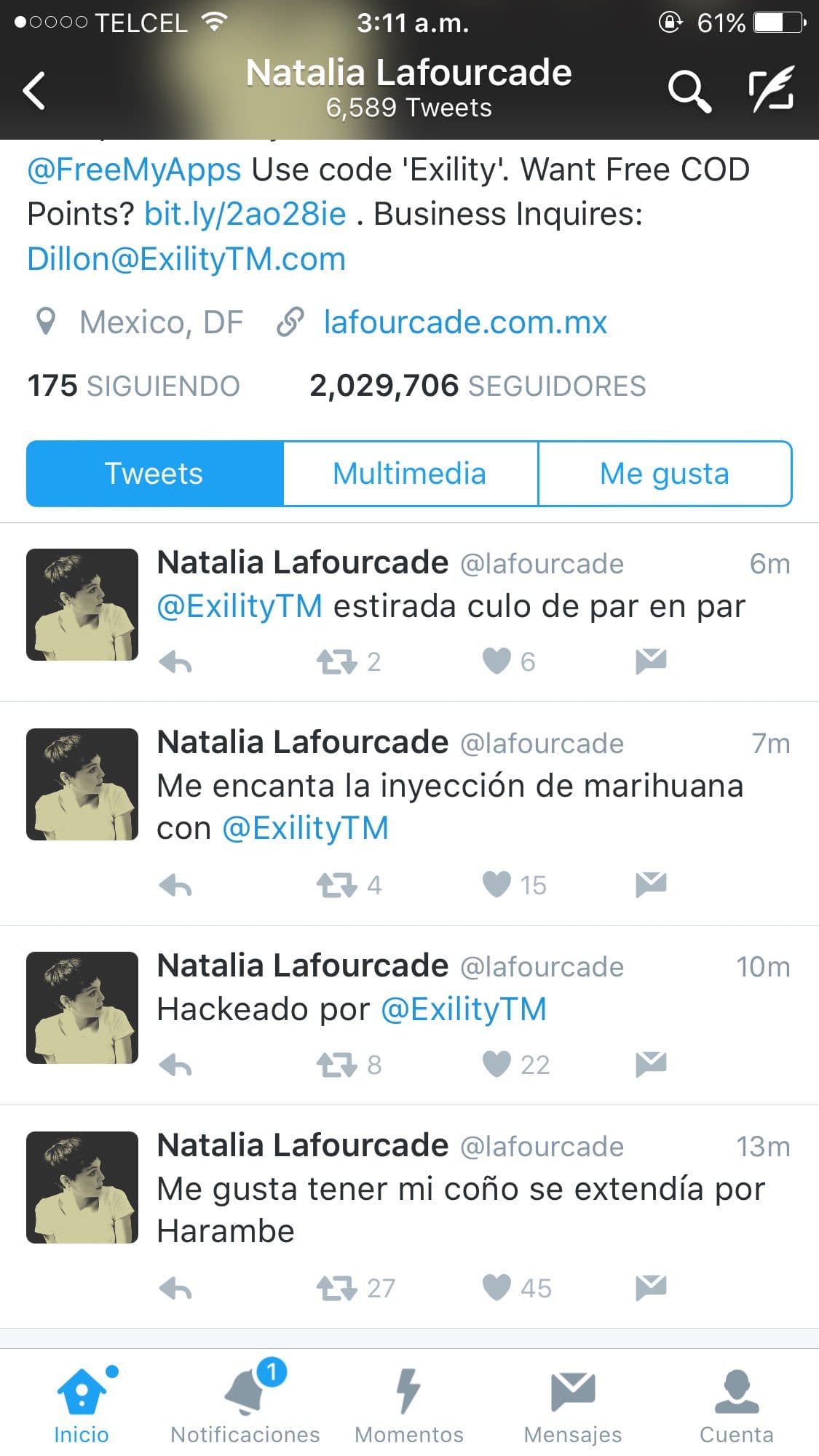 Así se veía la cuenta de Natalia Lafourcade esta madrugada.