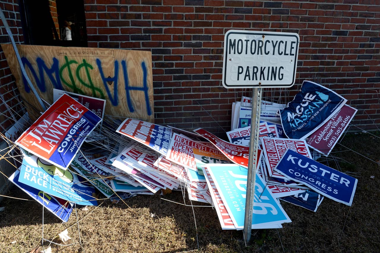 CONCORD, NH - NOVEMBER 08: Old campaign signs are piled up behind the police station on November 8, 2016 in Concord, New Hampshire. After a contentious campaign season, Americans go to the polls today to choose the next president of the United States. (Photo by Darren McCollester/Getty Images)