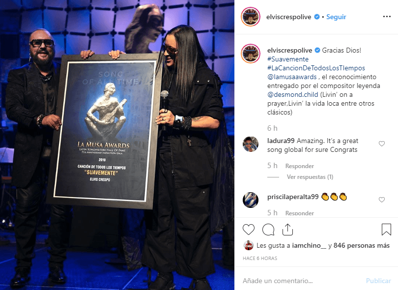 La gala finalizó con las actuaciones de Ivy Queen y Elvis Crespo, cuyo tema ‘Suavemente’ ganó el premio de la Canción Latina de Todos los Tiempos, informó Billboard.
