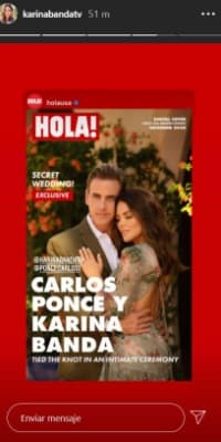 Varios meses después se casaron en secreto el 30 de julio de 2020 en Florida y las hijas gemelas del actor, 
<b>Sienna</b> y 
<b>Savannah</b>, 
<b>fueron testigos de la boda civil</b>, reportó la revista 
<a href="https://us.hola.com/es/celebrities/20201201ftgezsav9u/carlos-ponce-karina-banda-boda-secreta-casados" target="_blank">¡Hola!</a>