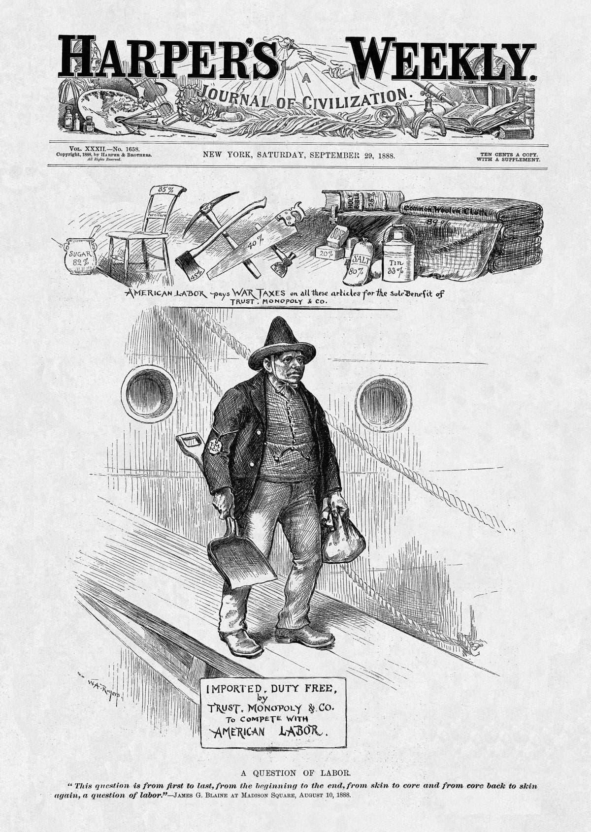 La revista 'Harper's Weekly', que se autodenominaba "el periódico de la civilización", mostraba en su portada del 29 de septiembre de 1888
<b> esta caracterización de un trabajador inmigrante</b>: "Importado y libre de impuestos por Trust, Monopoly & Co. para competir con la mano de obra americana".