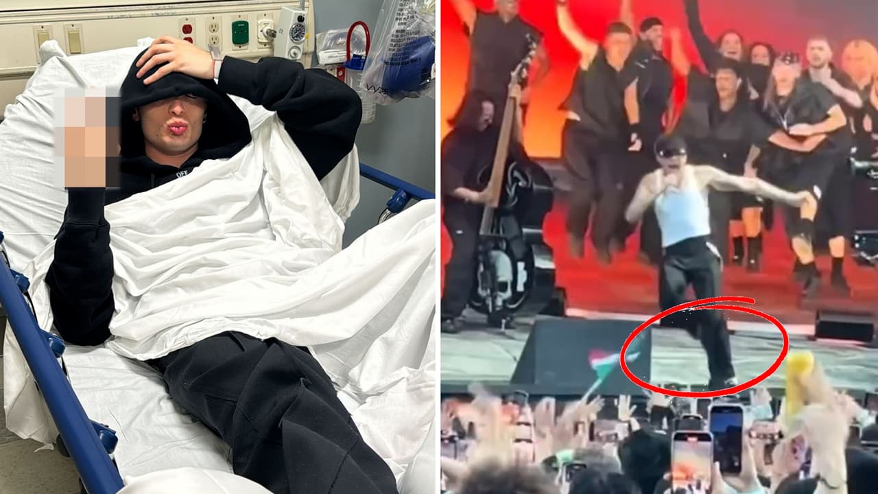 Momento en que Peso Pluma se fractura el pie en pleno escenario y termina en el hospital: video