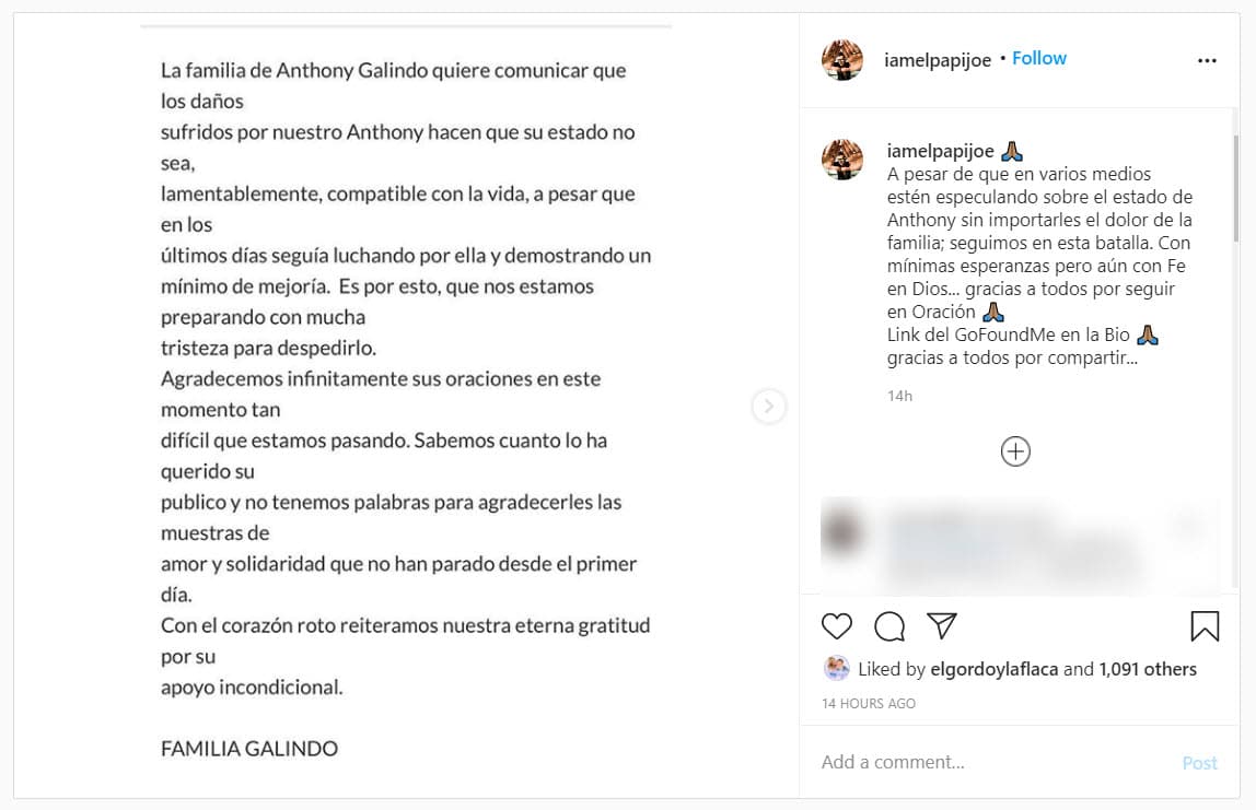 A través de un comunicado en el perfil de Instagram de Papi Joe, como también se le conoce en la escena musical, anunciaron que hay 
<b>"mínimas esperanzas" de que se recupere.</b>
<br>