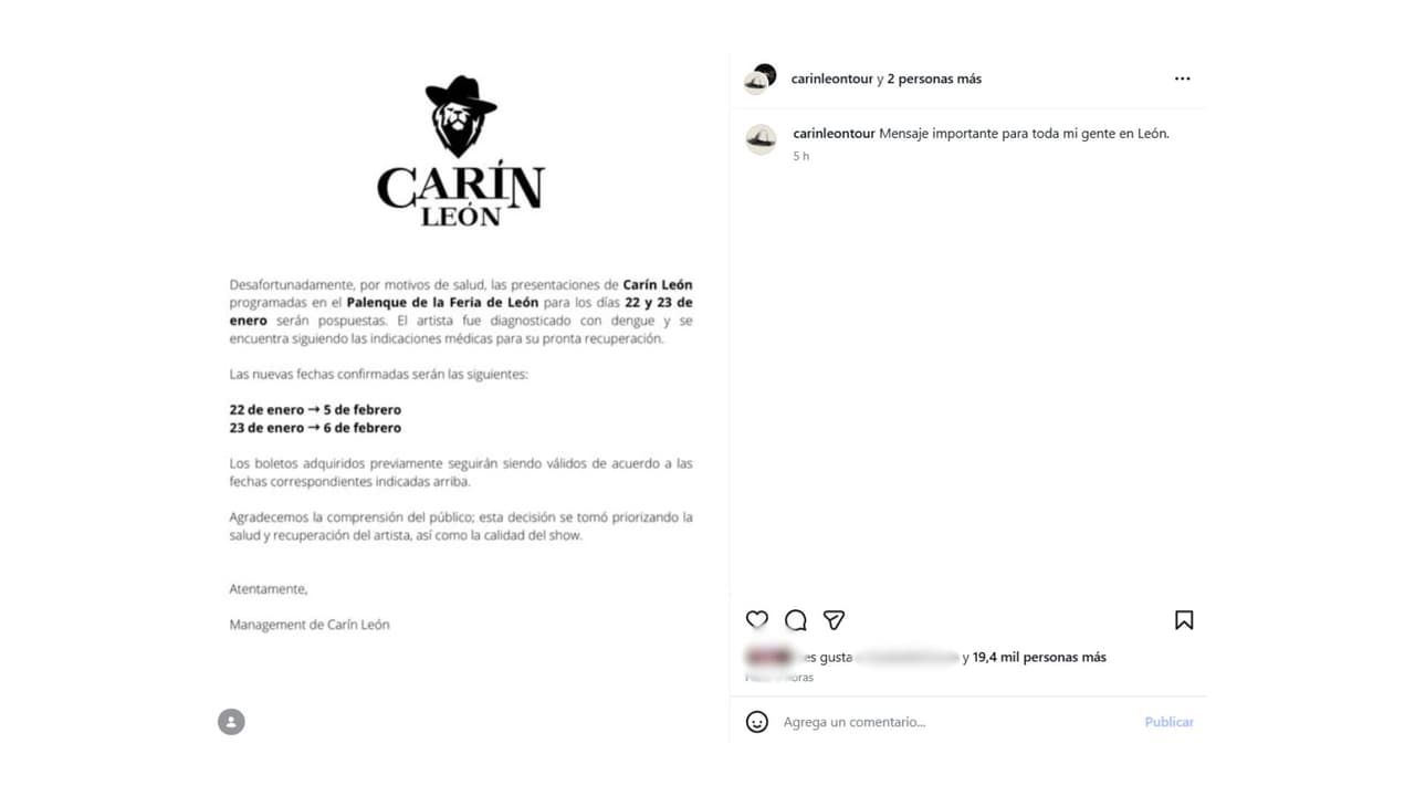 Carin León fue diagnosticado con dengue.