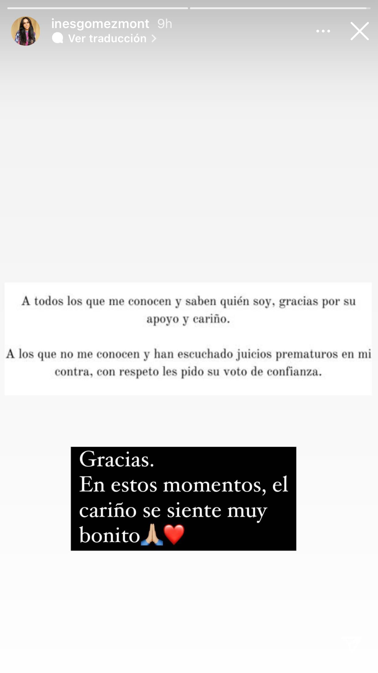 Por la tarde del miércoles 29 de septiembre, Inés Gómez Mont se tomó un tiempo en Instagram y agradeció las muestras de apoyo que recibió: "Gracias. En estos momentos, 
<b><a href="https://www.univision.com/famosos/ines-gomez-mont-orden-de-aprehension-reacciona" target="_blank">el cariño se siente muy bonito</a></b>".