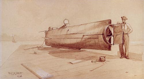 Una ilustración del submarino en 1902. Fue construido en Mobile, Alabama, en 1863, con la planificación y patrocinio de uno de sus creadores, Horace Lawson Hunley. El 17 de febrero de 1864, el H. L. Hunley se convirtió en el primer submarino de combate exitoso de la historia. Después misteriosamente desapareció por 131 años. Durante décadas, grupos de aventureros lo buscaron.
<br>