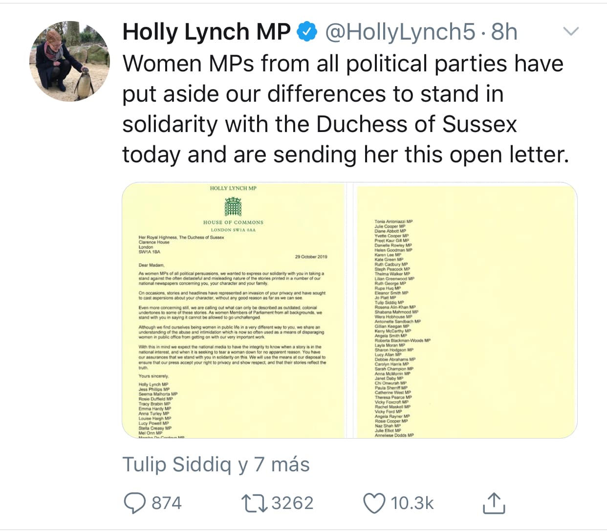 El 29 de octubre, la integrante del Partido Laborista, 
<b><a href="https://twitter.com/HollyLynch5/status/1189175248035483648/photo/1">Holly Lynch</a></b>, dio a conocer en Twitter la carta con la cual se solidarizan con la duquesa de Sussex.