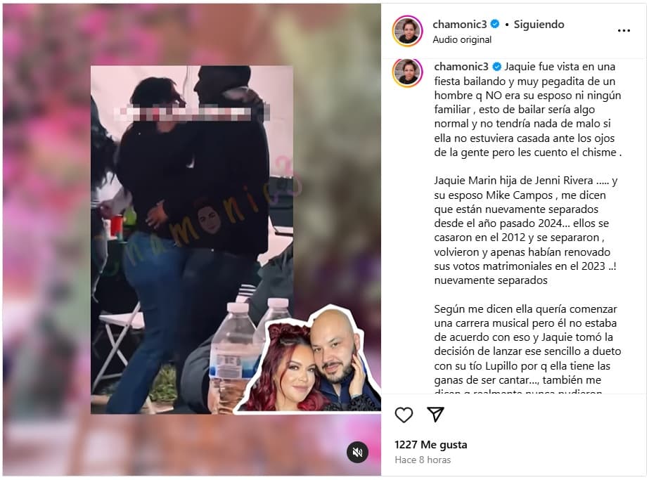 Jacqie Rivera estaría separada de su esposo, según 'Chamonic'.