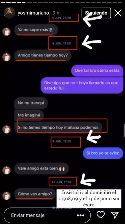 "Sobre el caso de Enrique Hernández que está saliendo en redes y en la televisión, aquí están las conversaciones que sostuvimos por Instagram y la explicación de lo que está pasando", escribió el novio de Livia Brito.
<br>