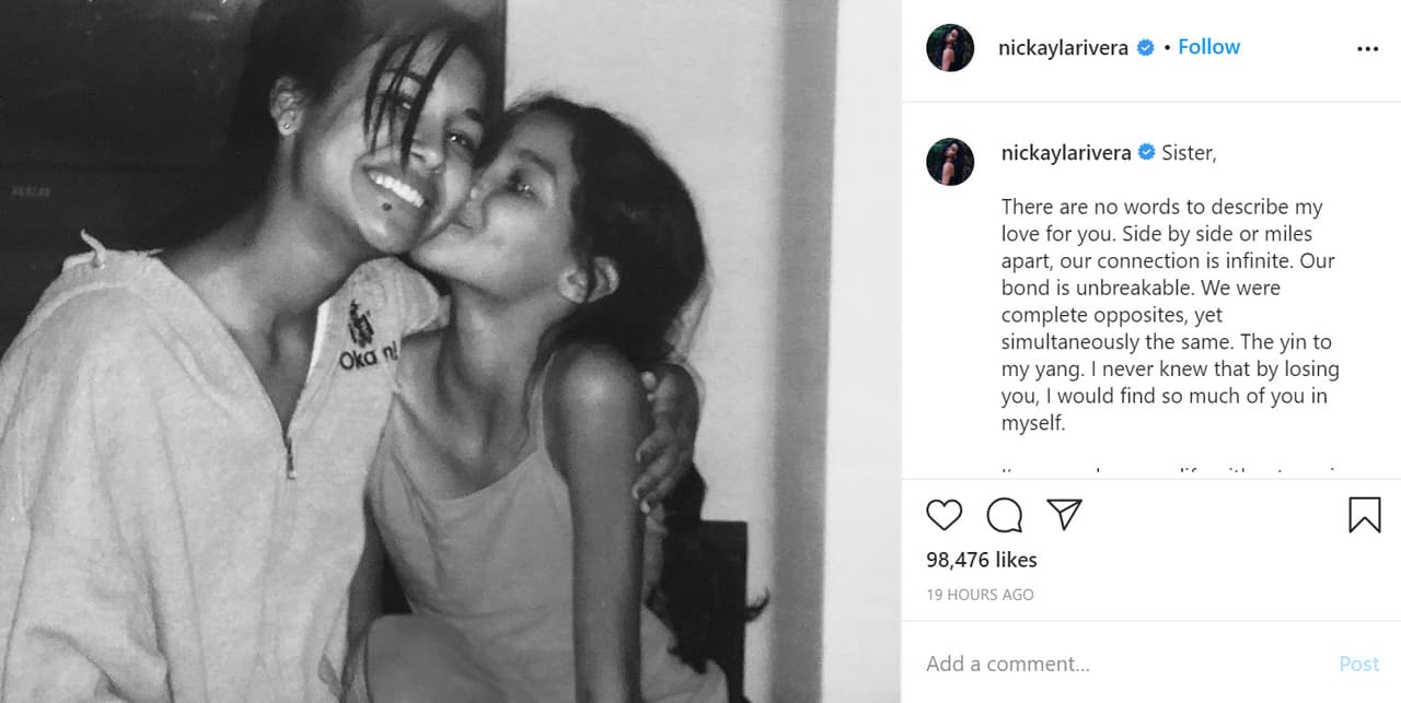 "Hermana, no hay palabras para describir mi amor por ti. Lado a lado o millas de distancia,
<b><a href="https://www.univision.com/noticias/sucesos/creemos-que-encontramos-el-cadaver-de-naya-rivera-el-sheriff-confirma-muerte-de-actriz-desaparecida-en-california" target="_blank">nuestra conexión es infinita</a></b>. Nuestro vínculo es inquebrantable. Éramos completamente opuestas, pero a la vez iguales. El yin de mi yang. Nunca supe que, al perderte, encontraría tanto de ti en mí misma", escribió junto a
<b><a href="https://www.instagram.com/p/CDFNi8wDcxI/" target="_blank">esta foto. </a></b>
<br>