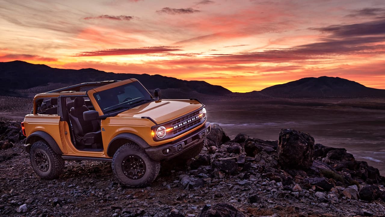Pre-production 2021 two-door Bronco Black Diamond series in Cyber Orange Metallic Tri-Coat with available Sasquatch™ off-road package.