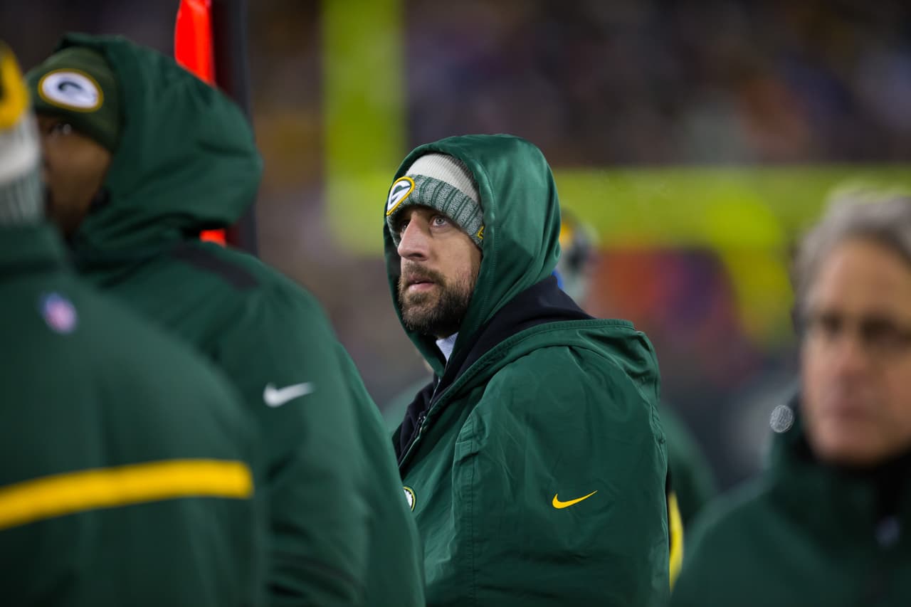 Green Bay Packers quarterback Aaron Rodgers (12) watches from the sidelines during an NFL football game on Saturday, December 23, 2017 in Green Bay. The Vikings beat the Packers 16-0. (Todd Rosenberg via AP)