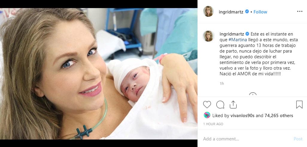 Sin embargo, fue tres días después que decidió presentar a su hija con una fotografía en redes sociales: "Este es el instante en que Martina llegó a este mundo, esta guerrera aguantó 13 horas de trabajo de parto, nunca dejó de luchar para llegar. No puedo describir el sentimiento de verla por primera vez, vuelvo a ver la foto y lloro otra vez. ¡Nació el amor de mi vida!", se lee en Instagram.