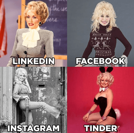 Todo comenzó hace casi una semana cuando la reconocida cantante ‘Dolly Parton’ impuso tendencia en redes sociales al publicar un peculiar collage con cuatro fotos de ella misma, cada una diferente y especial para cada red social: Linkedin, Facebook, Instagram y Tinder.
<br>