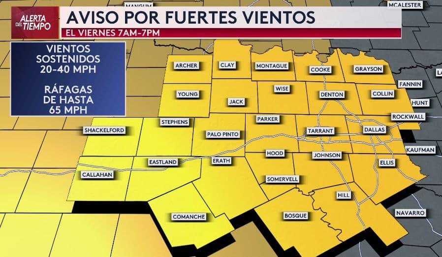 Tenemos un Aviso por Fuertes Vientos porque se esperan ráfagas de hasta 60MPH, los vientos sostenidos estarán entre las 20MPH Y 40MPH. Este aviso permanecerá activo hasta las 7PM.