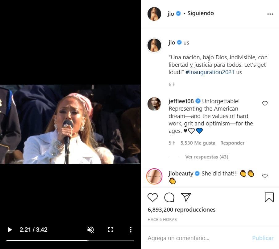 Por su parte, 
<b>Jennifer López</b> compartió en Instagram la frase que dijo en español durante su performance: "Una nación, bajo Dios, indivisible, con libertad y justicia para todos. Let's get loud!".