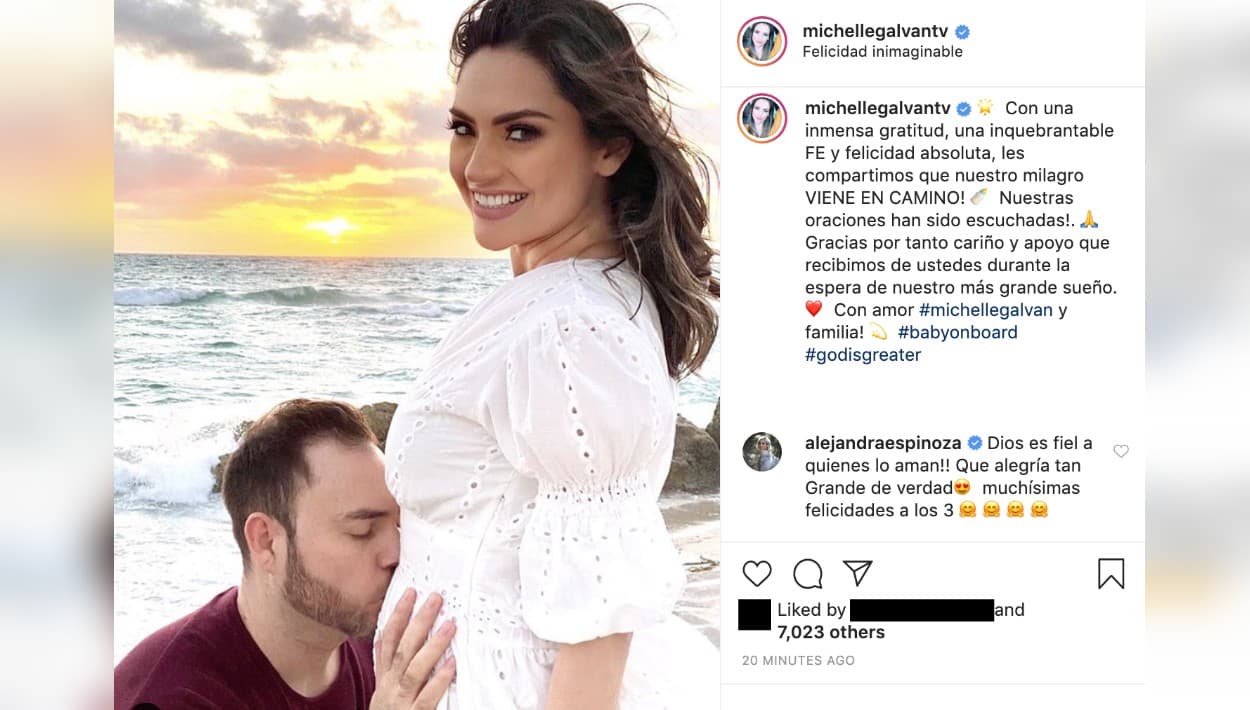 Michelle Galván anunció que estaba esperando un hijo el 14 de febrero con esta fotografía: "Con una inmensa gratitud, una inquebrantable fe y felicidad absoluta, les compartimos que nuestro milagro viene en camino", se lee.
<br>