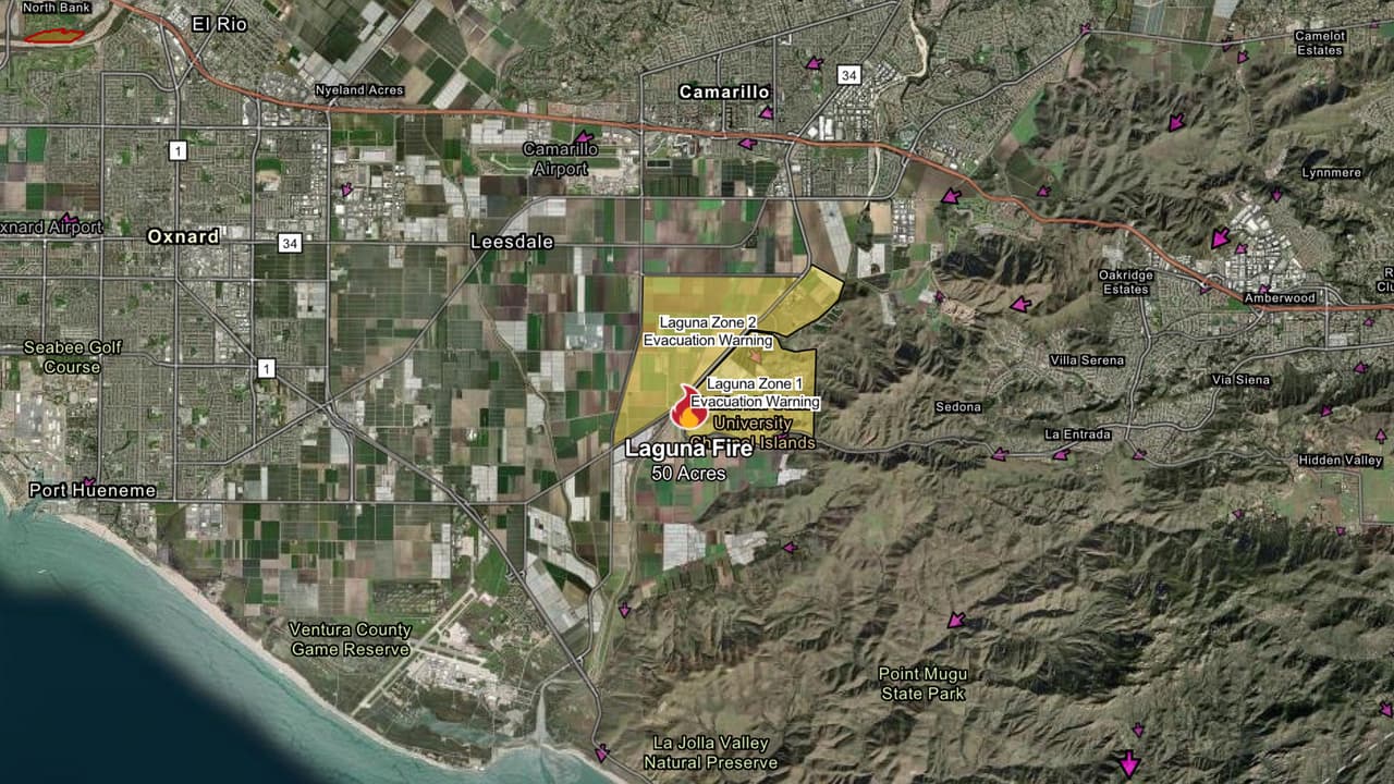<b>Laguna Fire</b>
<br>Arde desde las 9:41 a.m. del jueves 23 de enero en el área de Laguna Rd y Lewis Rd, en Camarillo, en el condado de Ventura. En su avance
<b>ha logrado consumir 50 acres de terreno,</b> pero la contención ya se encuentra en un 70%. El incidente provocó que dos zonas se encuentren bajo advertencia de evacuación; un refugio fue establecido en Camarillo Community Center, sobre el 1605 de Bumley St, en Camarillo. No se reportan heridos ni daños hasta el momento.
