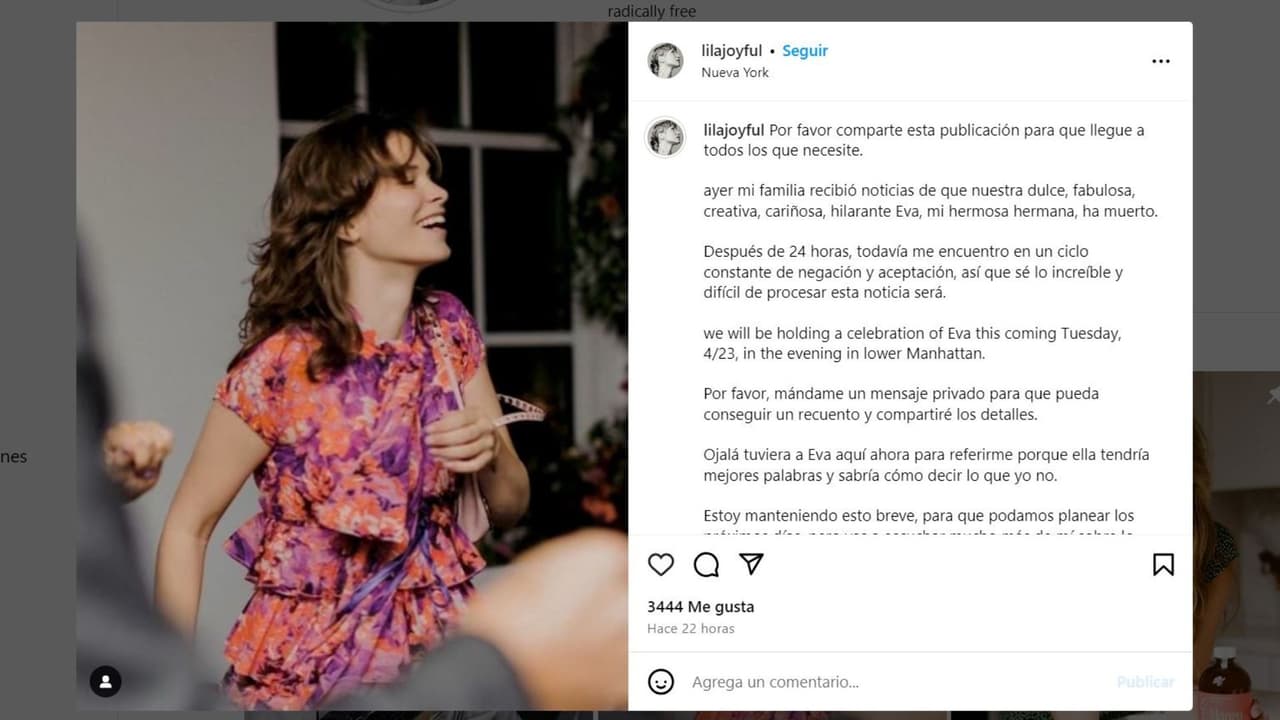 Lila confirmó la muerte de su hermana, Eva.