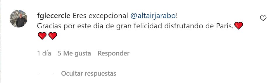 "
<b>Gracias por este día</b> de gran felicidad disfrutando de París", le escribió en los comentarios. 
<br>