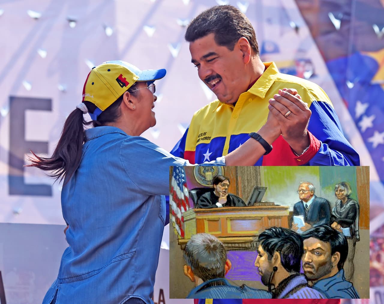 Dos familiares del presidente venezolano enfrentan un juicio en la Corte Federal del Distrito Sur de Nueva York: Francisco Flores y Efraín Campo Flores, sobrinos de la primera dama. Habrían viajado con pasaporte diplomático desde Caracas a Haití para negociar un transporte de droga hacia EEUU. En la foto, la pareja presidencial en un evento en contra de los Estados Unidos en marzo de 2016. La imagen secundaria es una ilustración del juicio.