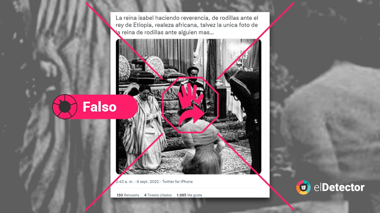 <h3 class="cms-H3-H3">La reina Isabel II no se inclinó ante el emperador de Etiopía </h3>
<br>
<br>La reina Isabel II y su esposo el duque de Edimburgo, príncipe Felipe, no hicieron reverencia ante el emperador (rey, según el tuit) de Etiopía, Haile Selassie, como se afirma en una publicación de Twitter. Las unidades de 
<i>fact checking</i> de 
<i><a href="https://www.reuters.com/article/factcheck-selassie-elizabethii-idUSL1N2LM26S">Reuters </a></i>y 
<i><a href="https://factcheck.afp.com/british-monarchs-first-visit-ethiopia-came-10-years-after-photo-was-taken">AFP </a></i>verificaron la veracidad de la foto y confirman que se produjo 10 años antes de que Isabel visitara como monarca por primera vez esa nación.
<br>
<br>En verificaciones publicadas en febrero y marzo de 2021, respectivamente, 
<a href="https://factcheck.afp.com/british-monarchs-first-visit-ethiopia-came-10-years-after-photo-was-taken"><i>AFP</i></a> y 
<a href="https://www.reuters.com/article/factcheck-selassie-elizabethii-idUSL1N2LM26S"><i>Reuters</i></a> encontraron que la fotografía está en el banco de imágenes de la agencia 
<i>Getty Images</i> con la leyenda: “Ensayo de Etiopía: Haile Selassie con su esposa saludando a los invitados, Etiopía, 1955 (Foto de Alfred Eisenstaedt/The LIFE Picture Collection vía Getty Images)”. La imagen forma parte de una serie llamada "Ethiopia Essay", producida para la revista 
<i>LIFE</i> ese año, indicó 
<i>AFP</i>. 
<br>
<br>Las personas que hacen la reverencia en la foto no están identificadas, pero no se puede afirmar que sean la reina Isabel II y el príncipe Felipe, ya que la primera visita a Etiopía de la monarca se realizó diez años después de ese registro fotográfico, en 1965. 
<br>
<br>En el archivo en línea de 
<i>The New York Times</i>, encontramos la portada digitalizada de la edición diaria del 
<a href="https://www.nytimes.com/1965/02/02/archives/emperor-greets-queen-elizabeth-and-philip-as-they-begin-ethiopia.html"><u>periódico del 2 de febrero de 1965</u></a>, donde reseñan su llegada como la primera vez que un monarca británico visitaba oficialmente el país africano.
<br>
<br>Desde 
<b>elDetector </b>revisamos el archivo en línea de la Galería Nacional de Retratos de Reino Unido, donde está el archivo de fotos de la reina Isabel II, y no hay ninguna que corresponda. También enviamos este 9 de septiembre de 2022 un correo electrónico a la Galería Nacional de Retratos de Reino Unido consultando específicamente si tienen esa imagen que aparece en el tuit y si corresponde a la monarca. No hemos recibido respuesta, pero si la obtenemos actualizaremos esta nota. 
<br>