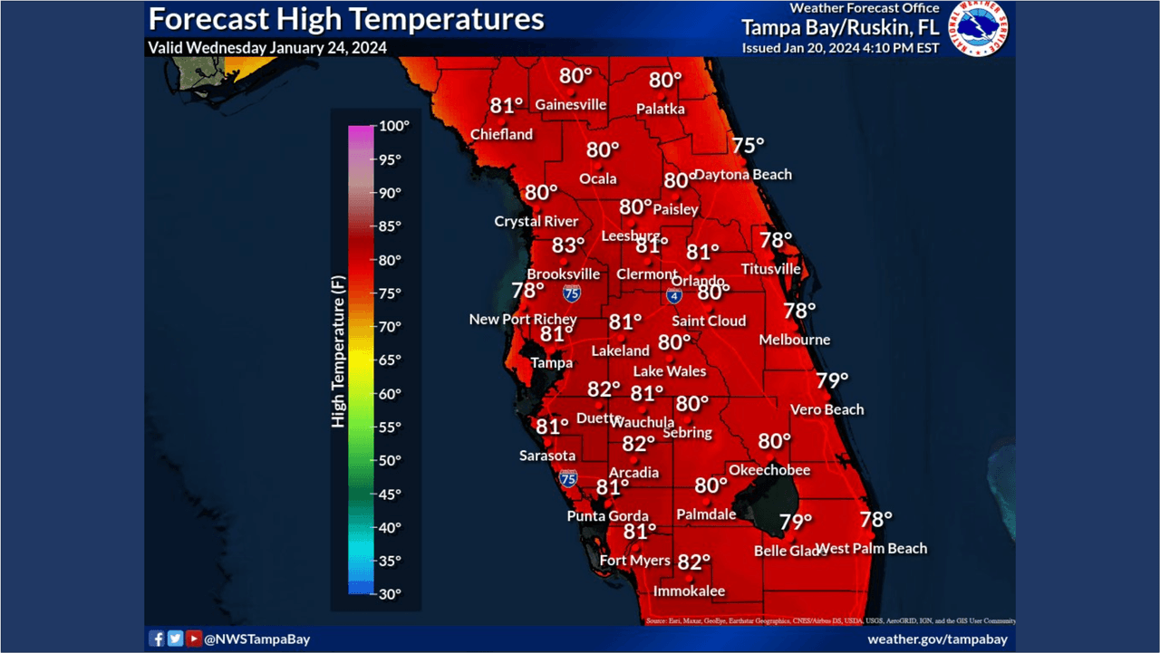 Estas son las temperaturas máximas que se anticipane en el centro de Florida para el miércoles 24 de enero.