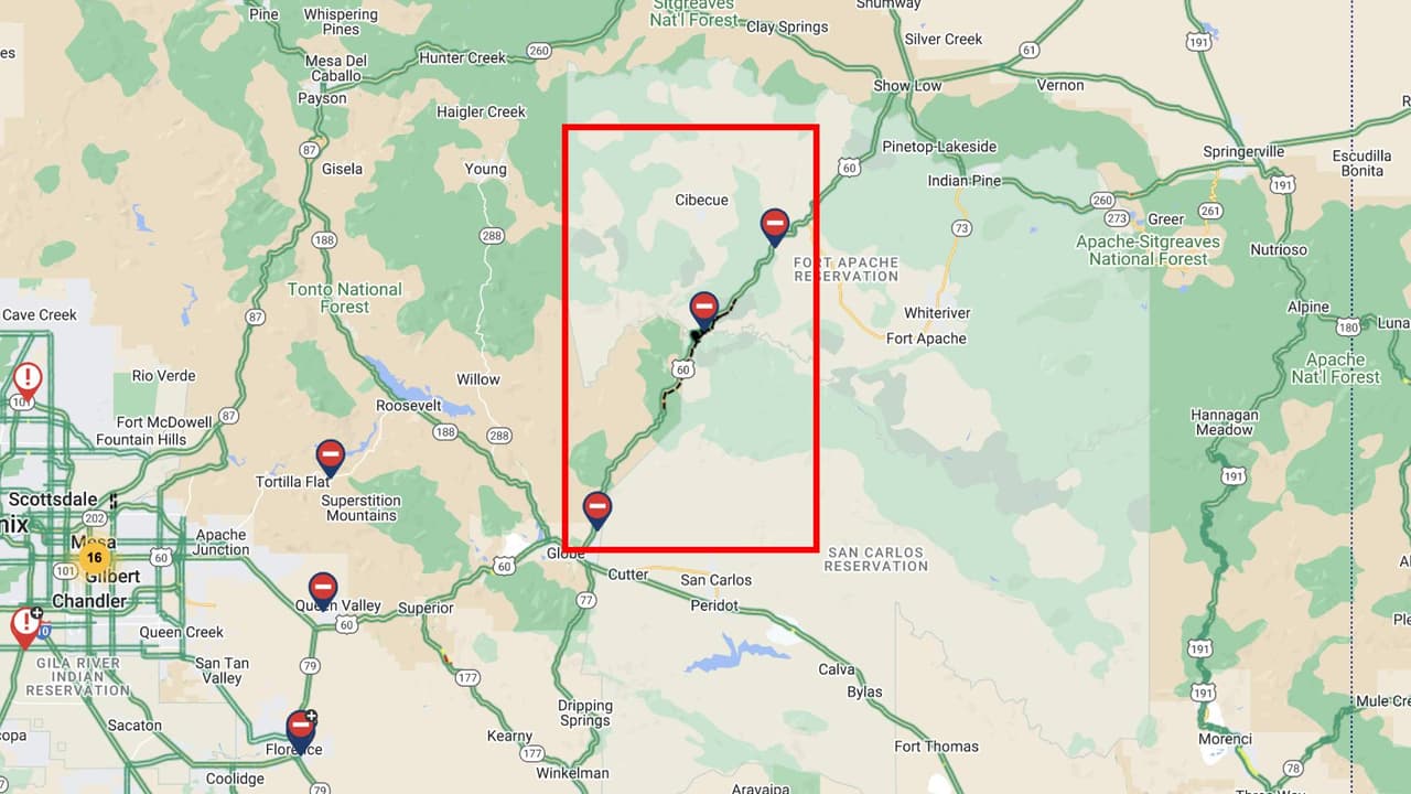 La carretera 60 está cerrada entre las millas 256-311, al norte de Globe