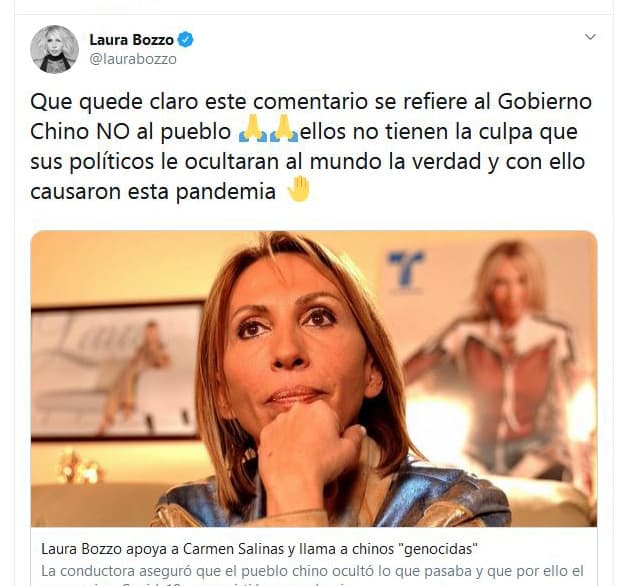 "Que quede claro, este comentario 
<b>se refiere al Gobierno Chino no al pueblo</b>", escribió la conductora.