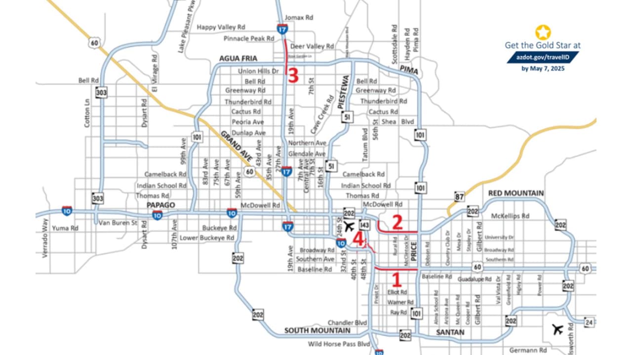 Cierres carreteros en el área de Phoenix del 14 al 17 de julio