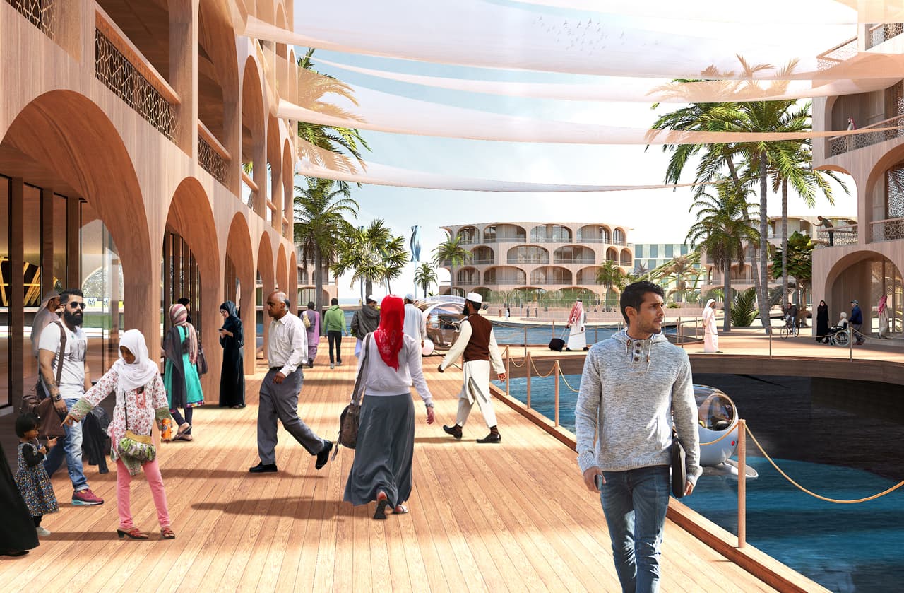 Esta esa reunión, convocada con Oceanix, una plataforma para diseñar y construir ciudades flotantes y el Centro de Ingeniería Oceánica del Instituto Tecnológico de Massachusetts (MIT), entre otros, se presentó el diseño de Oceanix City, la primera ciudad flotante sostenible del mundo para 10,000 residentes. La imagen muestra cómo sería la vida cotidiana en un vecidario de este tipo, con una serie de terrazas facilitan la vida interior y exterior y fomentan la socialización.